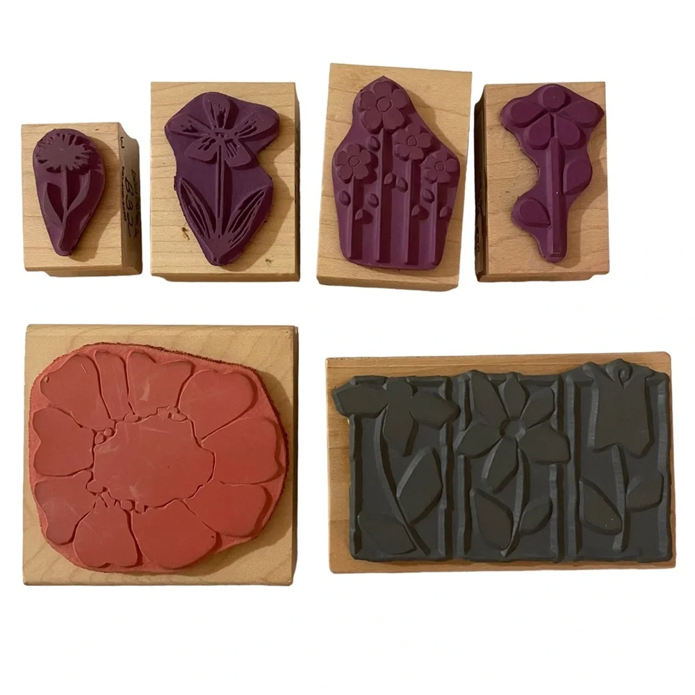 Flowers Silhouette 6 Wood Block Rubber Stamps Medium Mixed Lot